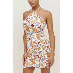 Reformation Dory Dress Women’s Sz 2 Small Mini Halter Linen Fruits Summer Dress